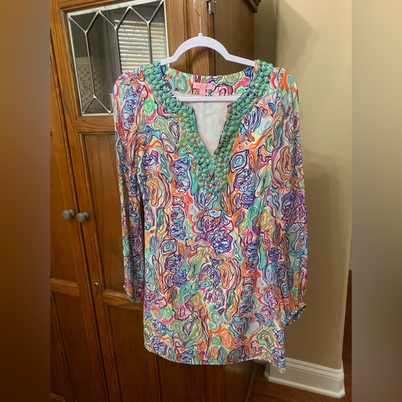 LILLY PULITZER | Embellished Seamus Print Silk Shift Dress Long Sleeve Women’s 0 - Picture 1 of 5